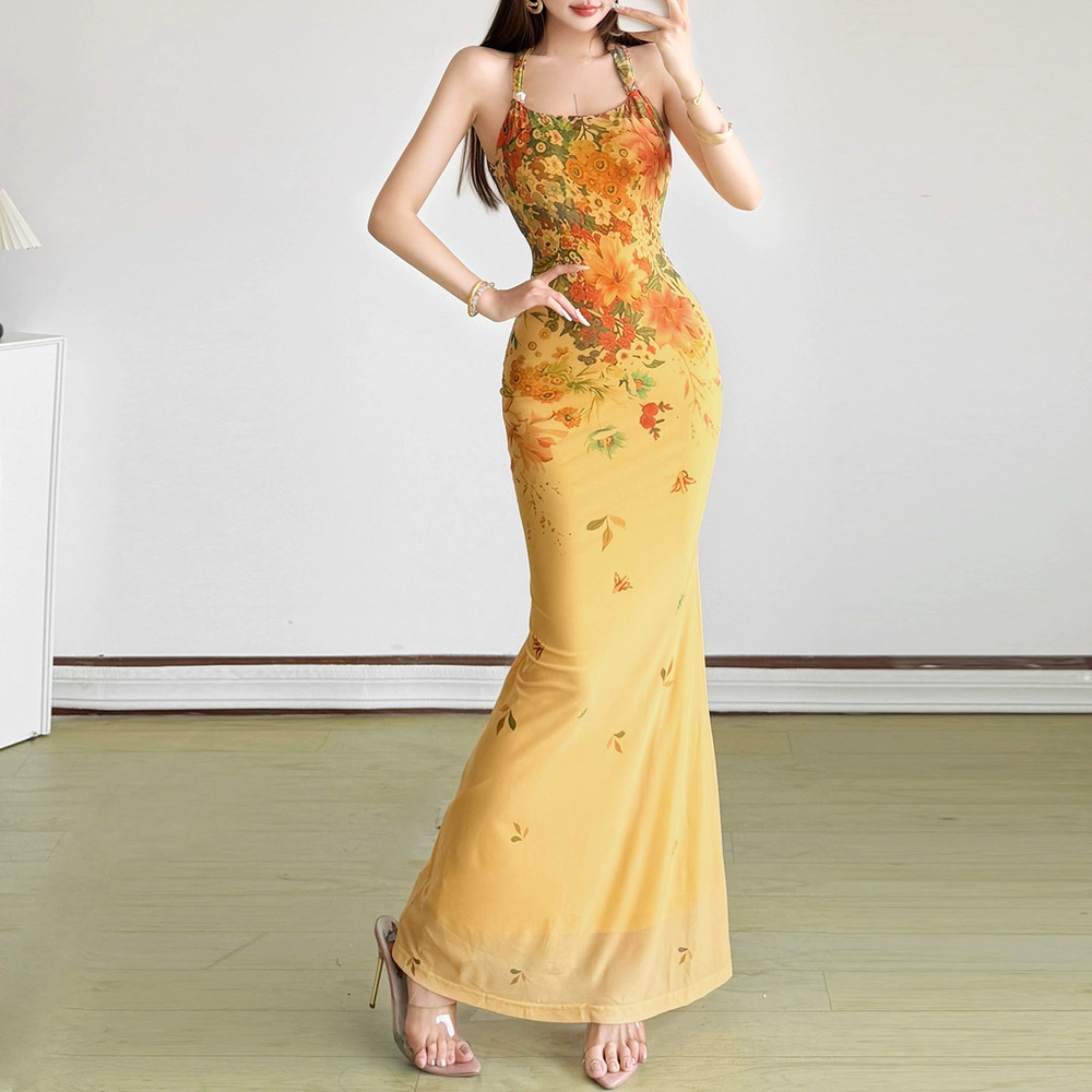 ZARA Vintage Summer Floral Oil Painting Print Halter Neck Mermaid Dress